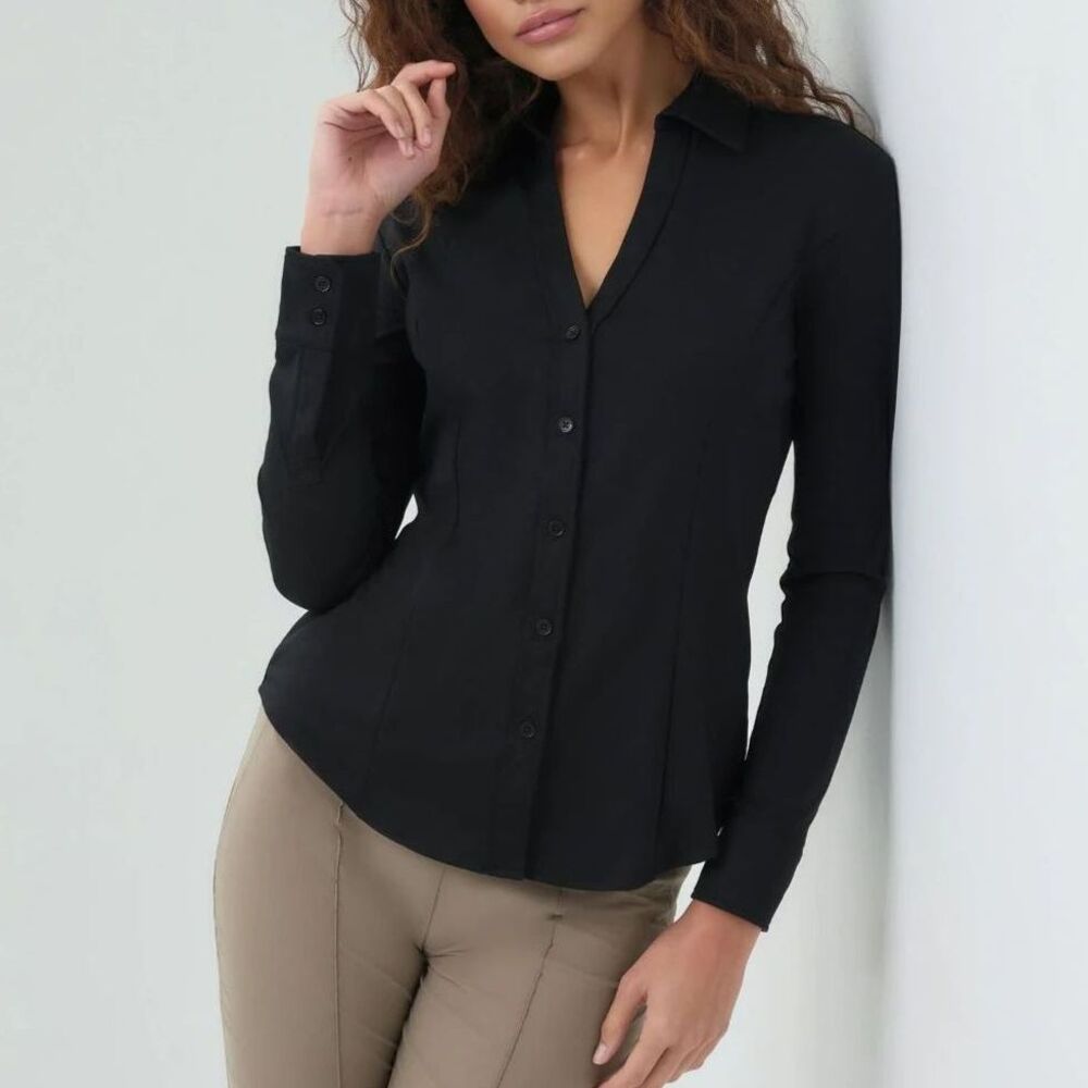 Anatomie Nikki Black Jersey Button Down Shirt Made in Italy Quiet Luxury Coastal